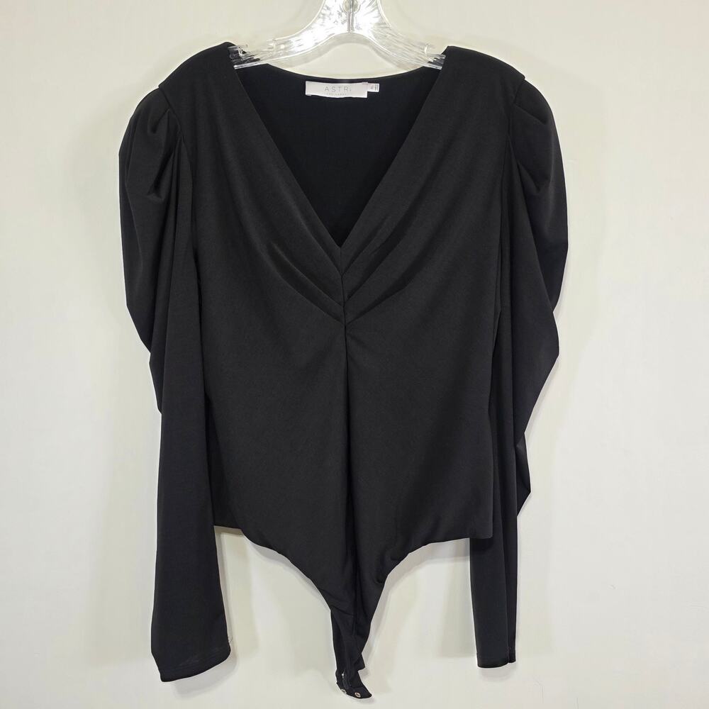 ASTR The Label Womens Black V Neck Puff Sleeve Bodysuit Size XL